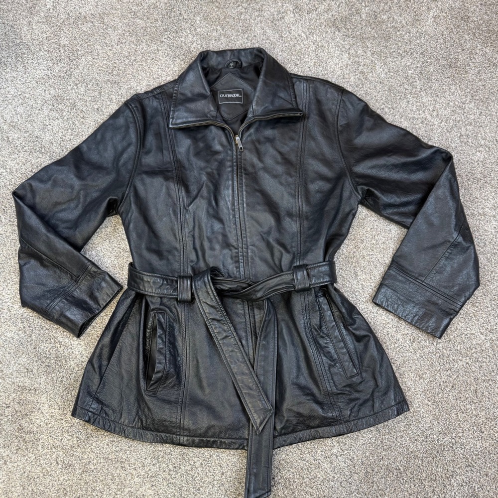 Outbrook Black Leather Belted Zip Front Jacket Womens Large L Mid Length Coat